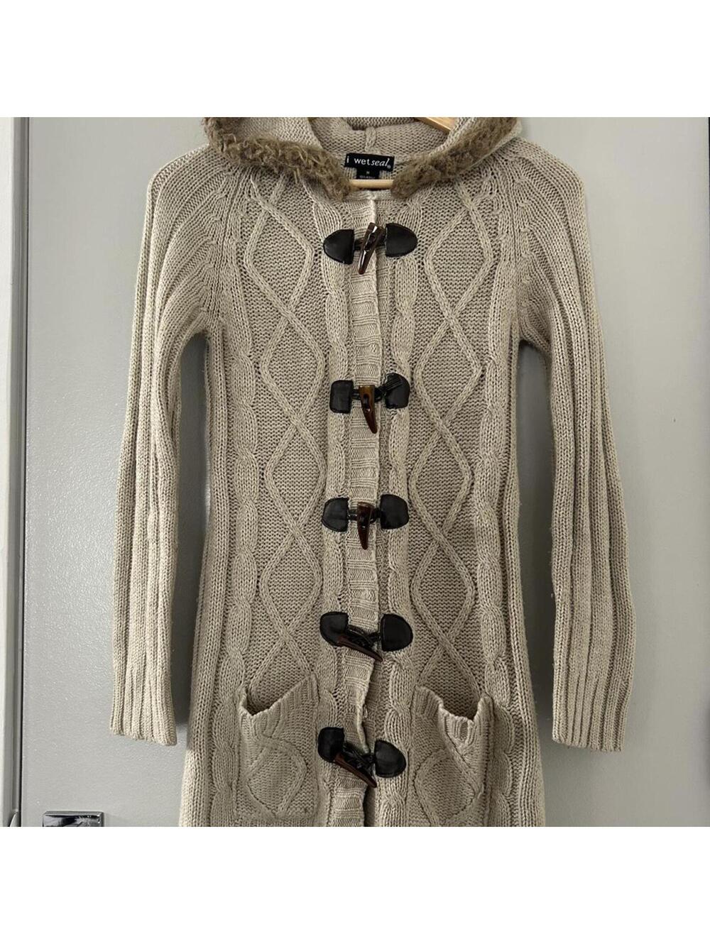 Wet Seal cream cable knit duffle coat with faux fur hood and toggle buttons